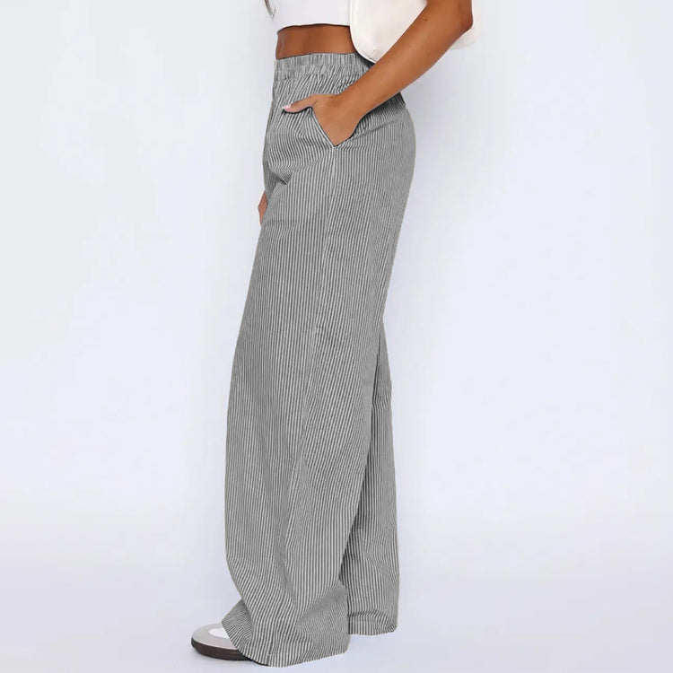 Striped Trousers With Pockets Ins Fashion Casual Wide Leg Straight Pants For Women Clothing - PULSE MART