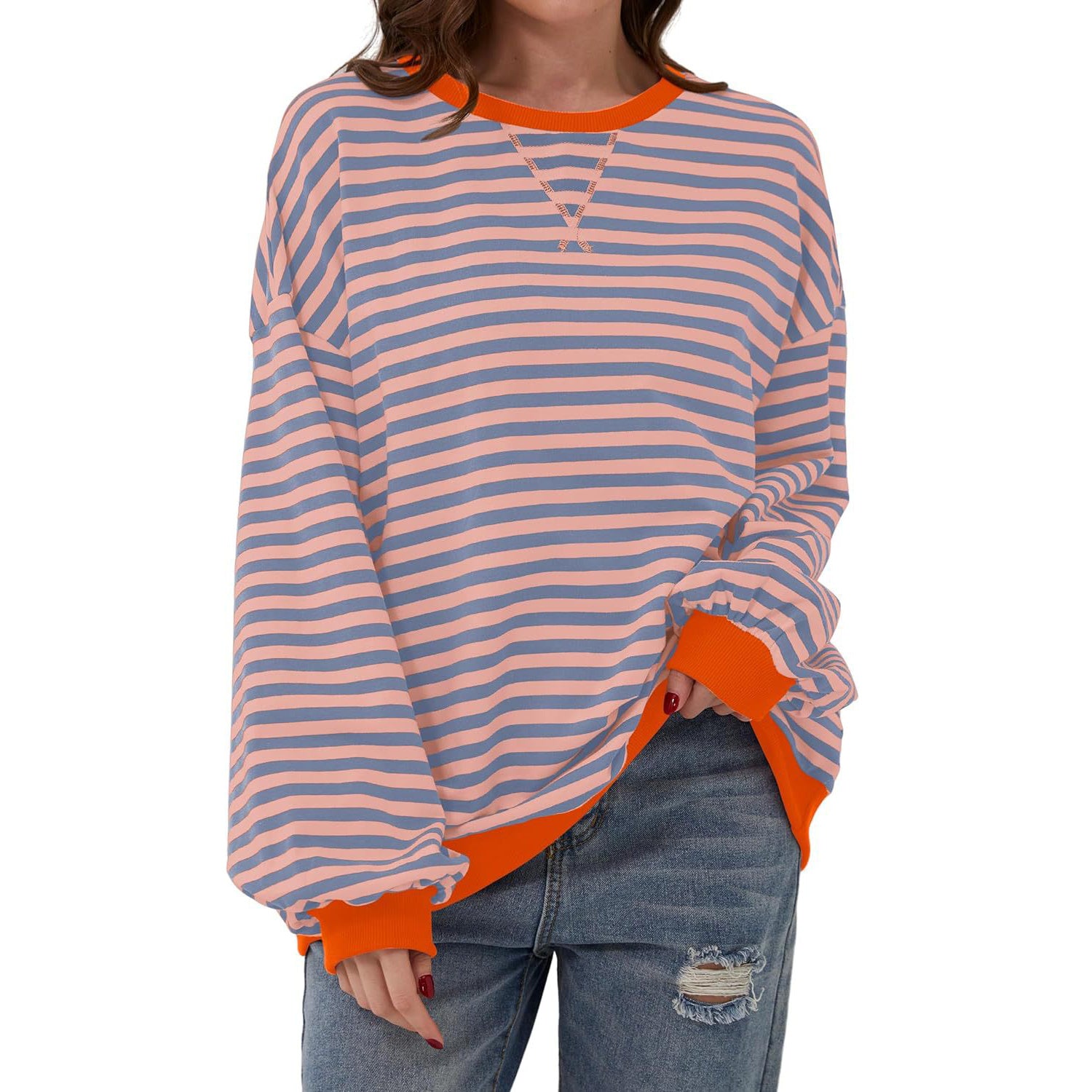 Loose Striped Long Sleeve T-shirt Casual Pullover Sweater For Womens Clothing - PULSE MART