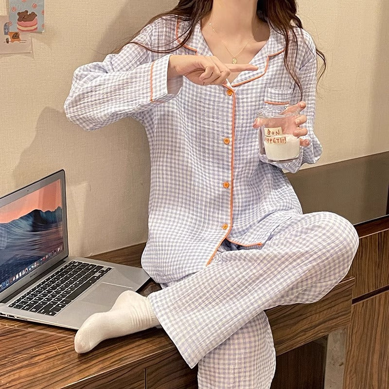 Yellow Plaid Long Sleeve Couple Simple Homewear Suit - PULSE MART