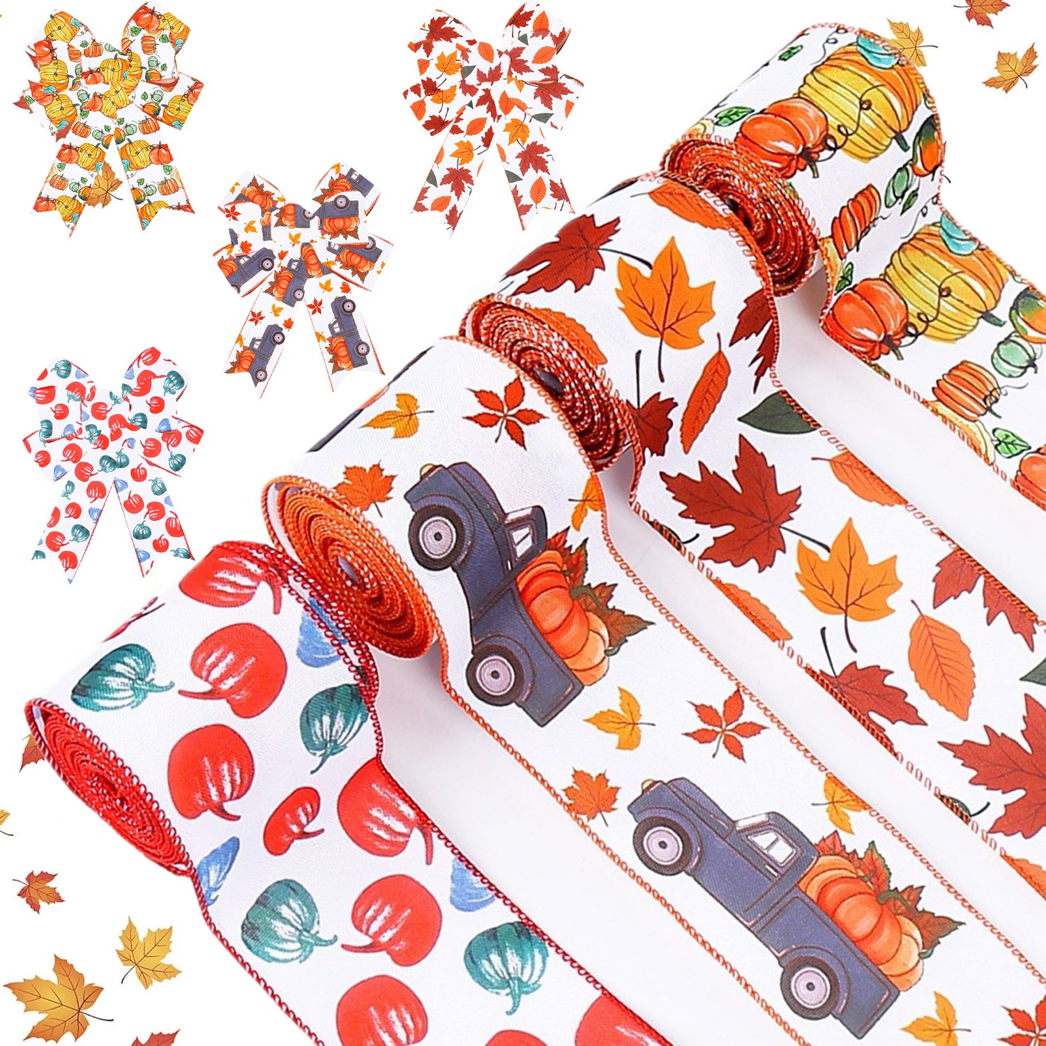 4Rolls 20Yards Thanksgiving Ribbons Autumn Wired Edge Ribbon Fall Themed Decorative Ribbon Pumpkin Maple Leaf Truck Grosgrain Ribbon For Thanksgiving Autumn Fall Party DIY Crafting Supplies - PULSE MART