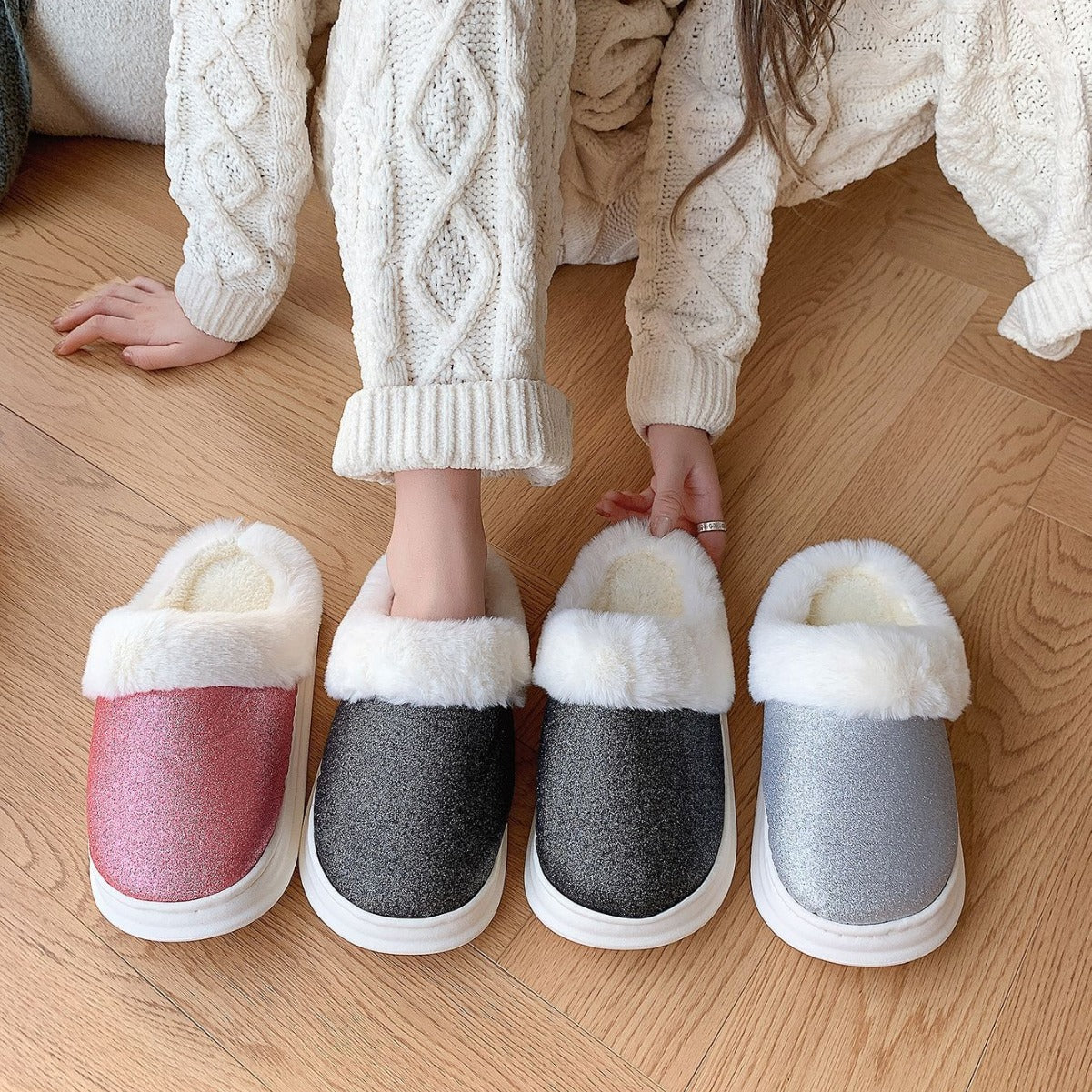 Fashion Frosted Sequined Plush Slippers Winter Warm Home Indoor Non-slip Bedroom Floor Fuzzy Slipper For Couple Women House Shoes
