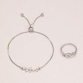 2pcs Fashion Silver Horse Eye Crystal Zircon Leaf Bracelet And Ring,Pulling Bracelet Suitable For Women&