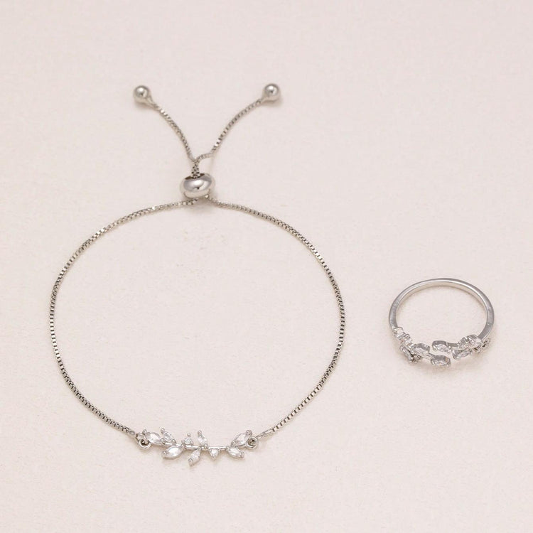 2pcs Fashion Silver Horse Eye Crystal Zircon Leaf Bracelet And Ring,Pulling Bracelet Suitable For Women&
