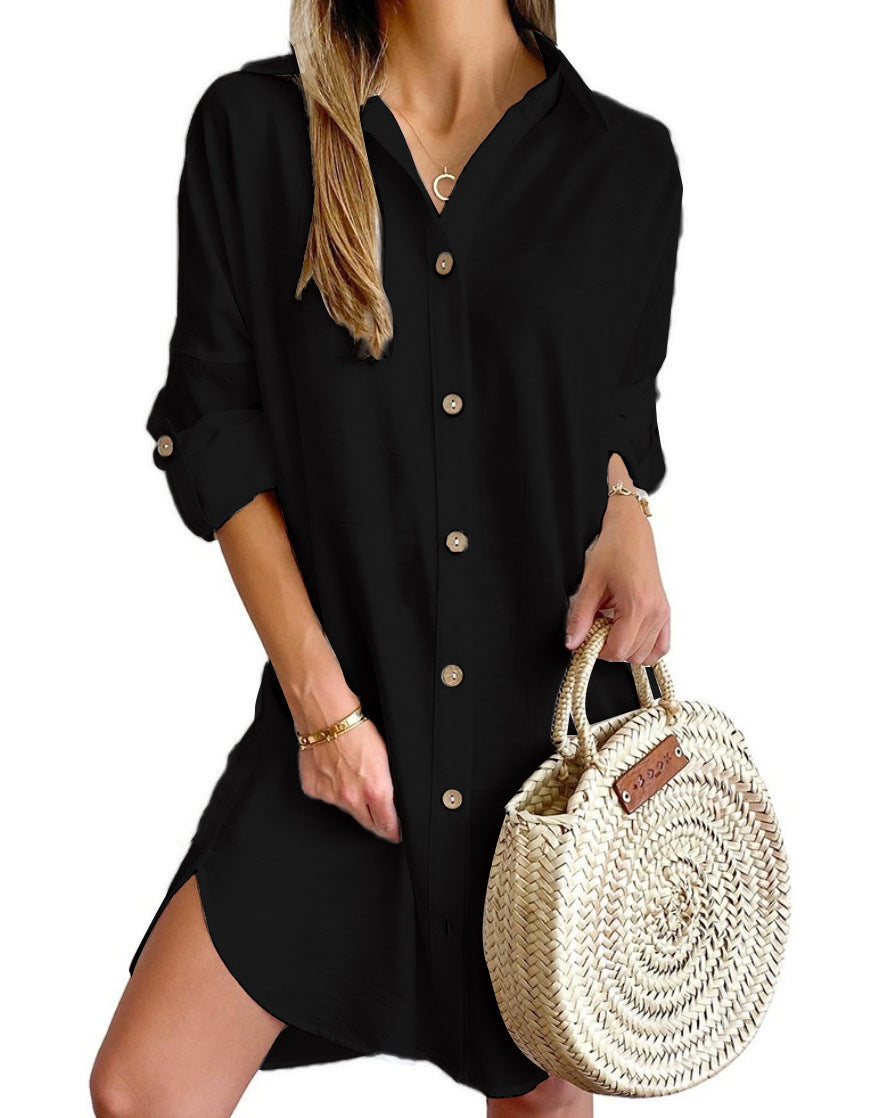 Women's Autumn Long Sleeve Button-Down Shirtdress - PULSE MART
