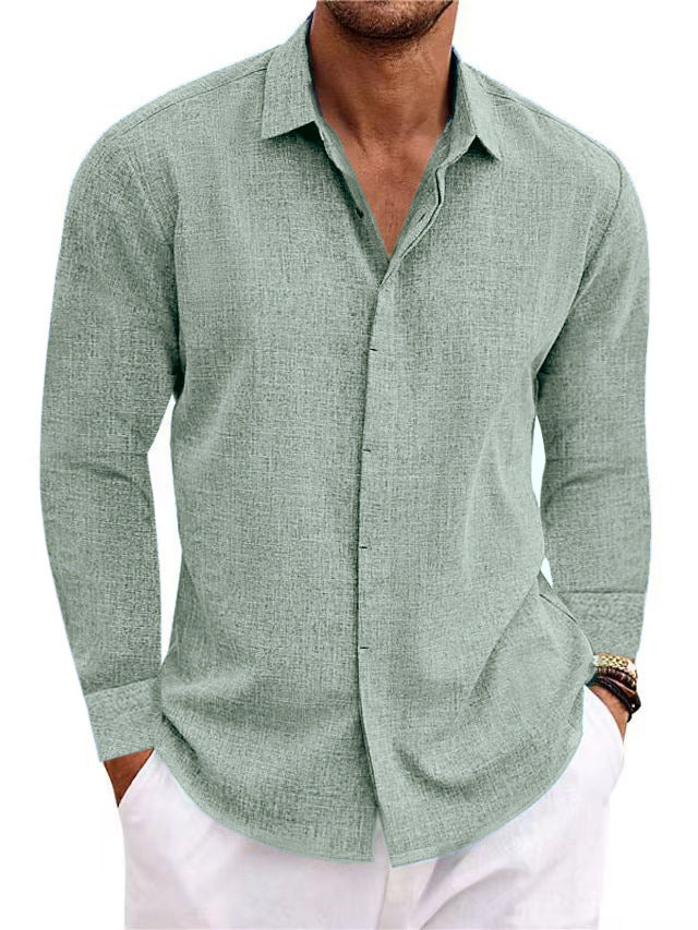 Long Sleeve T-shirt Undershirt Solid Color Long Sleeve Cotton Linen Shirt Men - PULSE MART