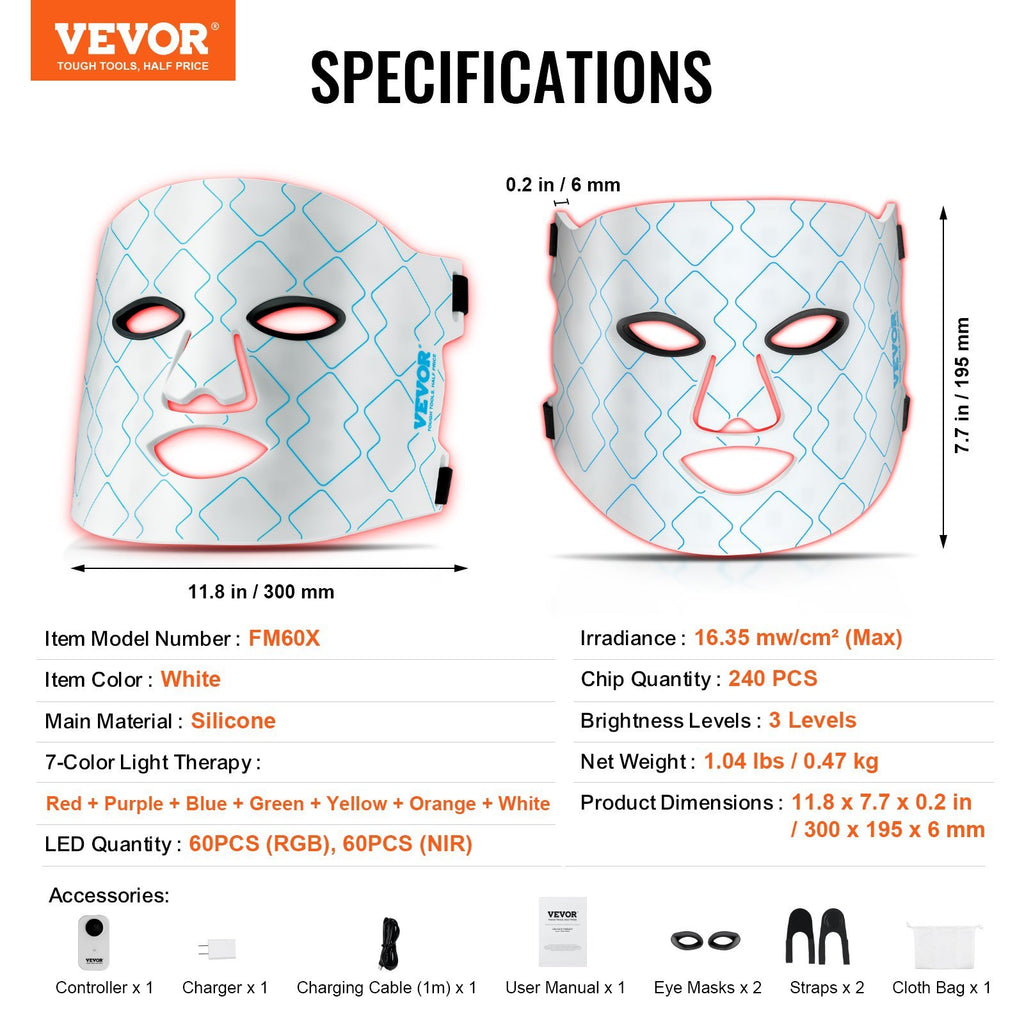 VEVOR Red Light Therapy Mask 7-Color LED Face Mask Light Therapy With 850nm NIR - PULSE MART